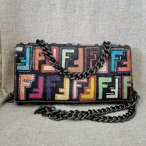 Fendi Multicolor FF Denim Effect Logo Clutch with Chain Crossbody